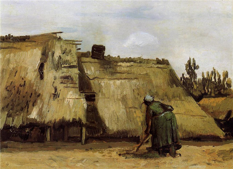 Peasant Woman Digging In Front Of Her Cottage